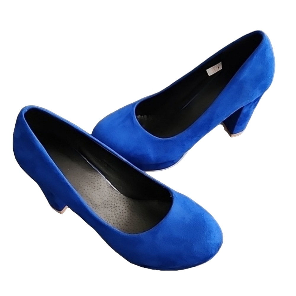 COBALT BLUE VEGAN SUEDE Platform Pumps 7.5 Heels Y2K Vibe Chunky Heel - Picture 6 of 16